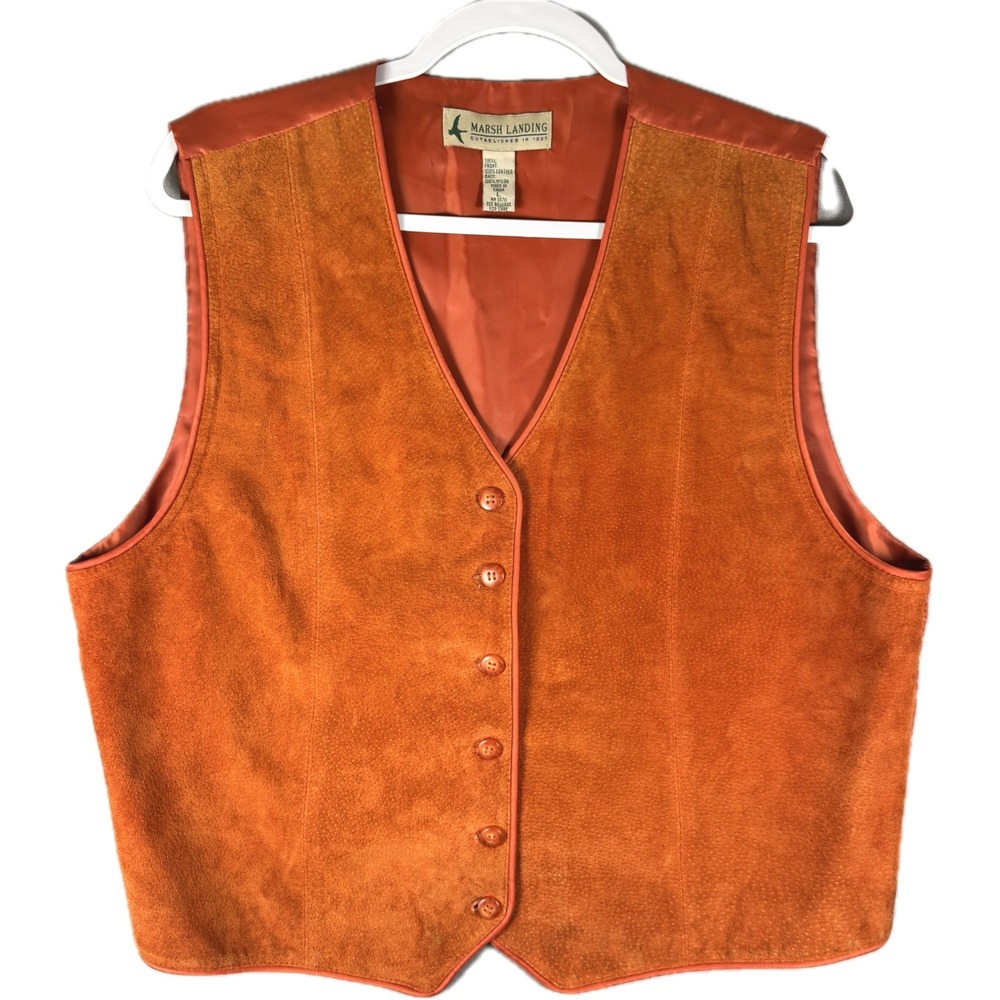 Vtg Marsh Landing Vest Womens L Orange Suede Leather Mixed Media 1997 Western